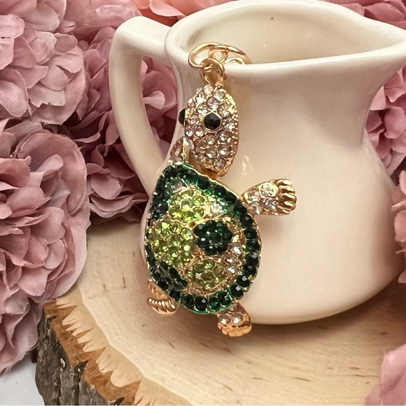 Green and Silver Crystal Turtle Keychain Charm - Picture 4 of 16